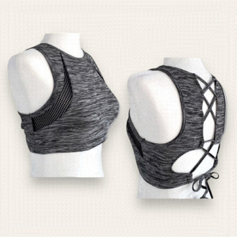 La SENZA High Neck Sports Bra Criss Cross Tie Back Heathered Black